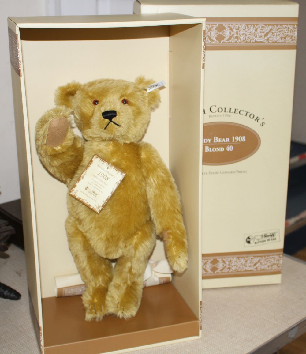 Four limited edition Steiff teddy bears; Teddy Bear 1908 Blond 40, 1911 Replica, Teddy Bear brown tipped 35 1995 and Teddy Bear 1908 Bl